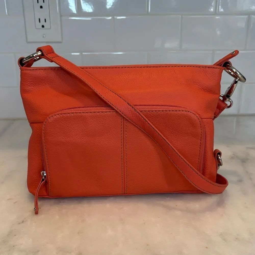 Tignanello Crossbody Shoulder Bag Handbag Orange Tangerine Pebbled Leather